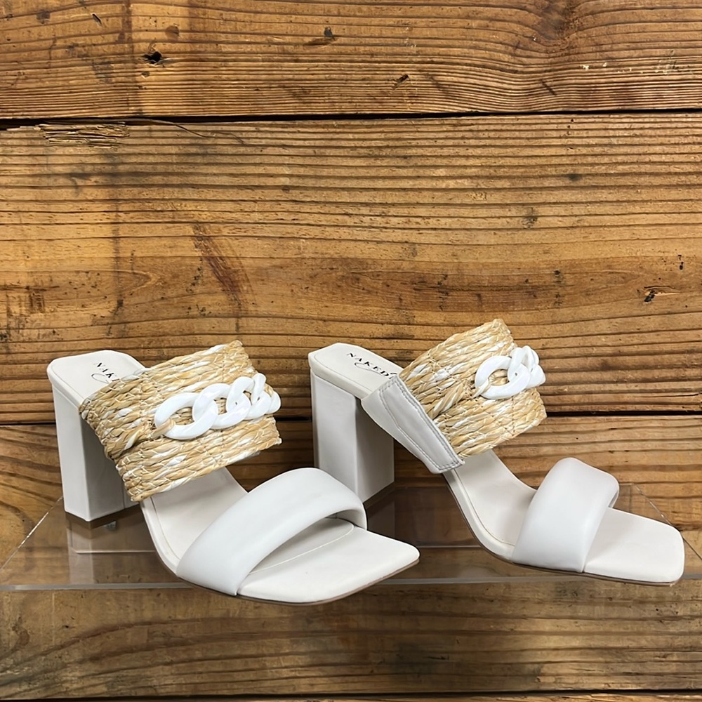 Naked Feet “Propriety” creami-nude heel with rattan & buckle detail